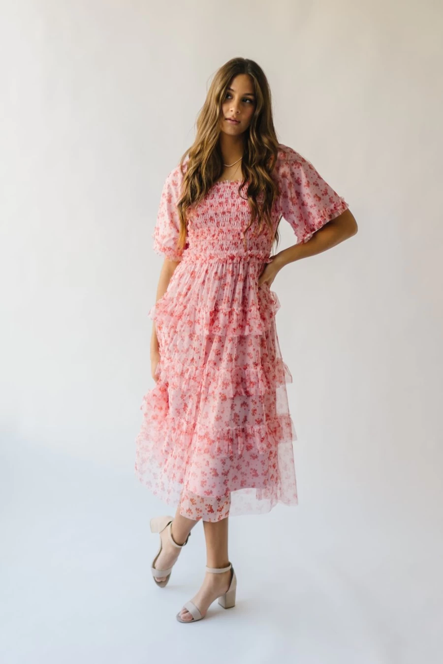 Piper & Scoot Women's Evin Floral Tiered Midi Dress - Pink Multi Pattern Summer Casual Dress