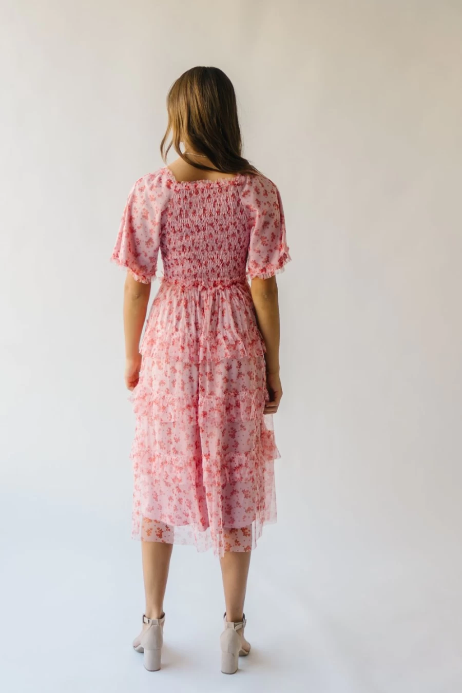 Piper & Scoot Women's Evin Floral Tiered Midi Dress - Pink Multi Pattern Summer Casual Dress