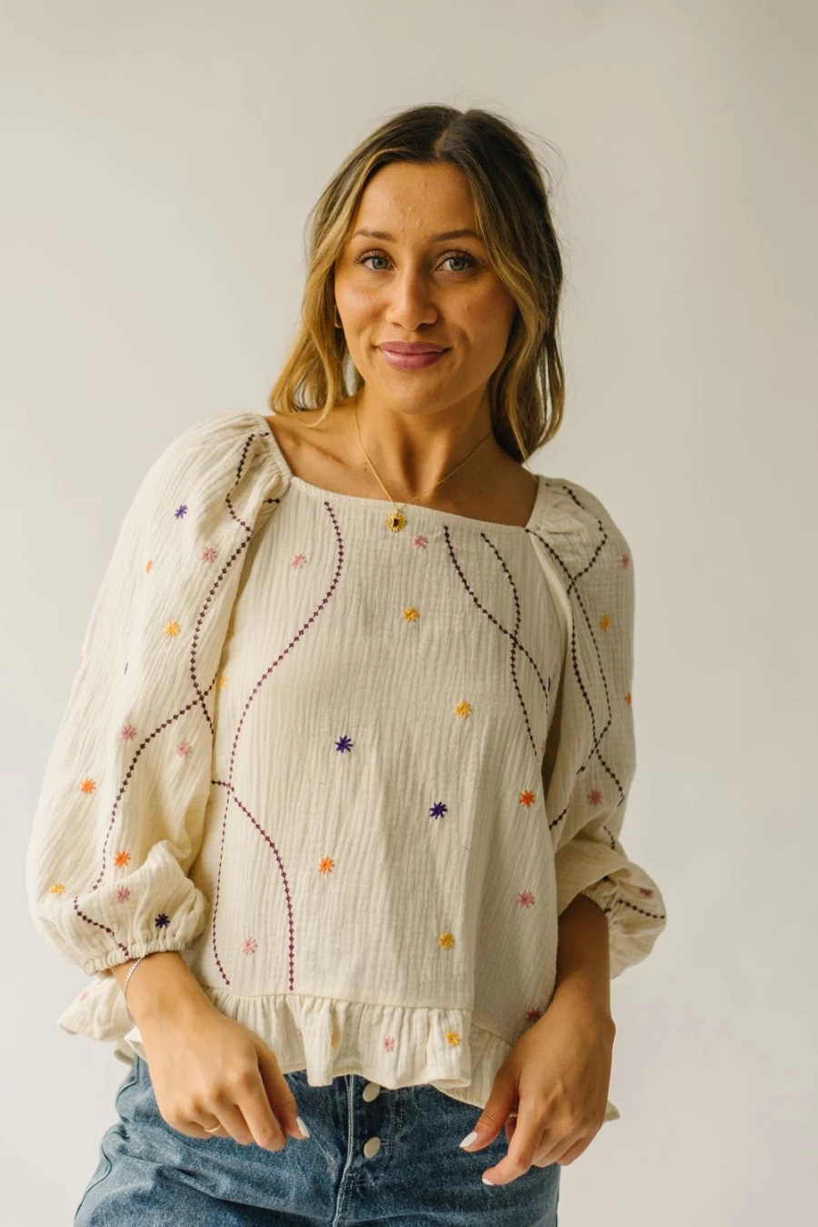 Piper & Scoot Women's Cream Embroidered Dot Blouse - The Benza
