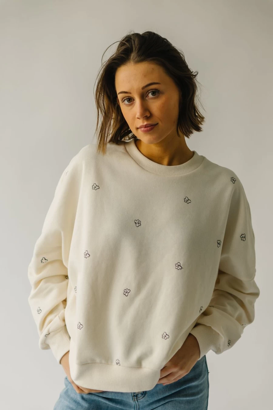 Piper & Scoot Women's Bayard Cream Floral Embroidered Pullover Sweater