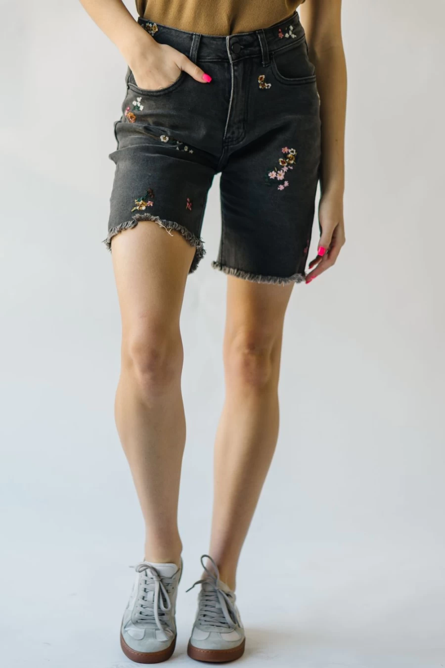 Piper & Scoot Women's Hessmer Embroidered Denim Shorts in Washed Black - Distressed High-Waisted Vintage Style