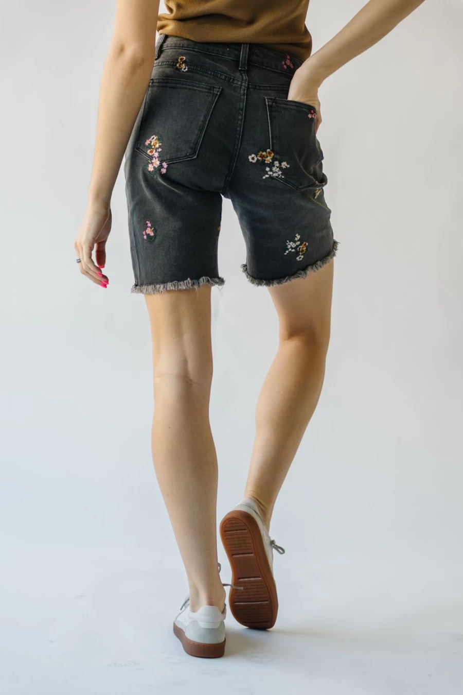 Piper & Scoot Women's Hessmer Embroidered Denim Shorts in Washed Black - Distressed High-Waisted Vintage Style