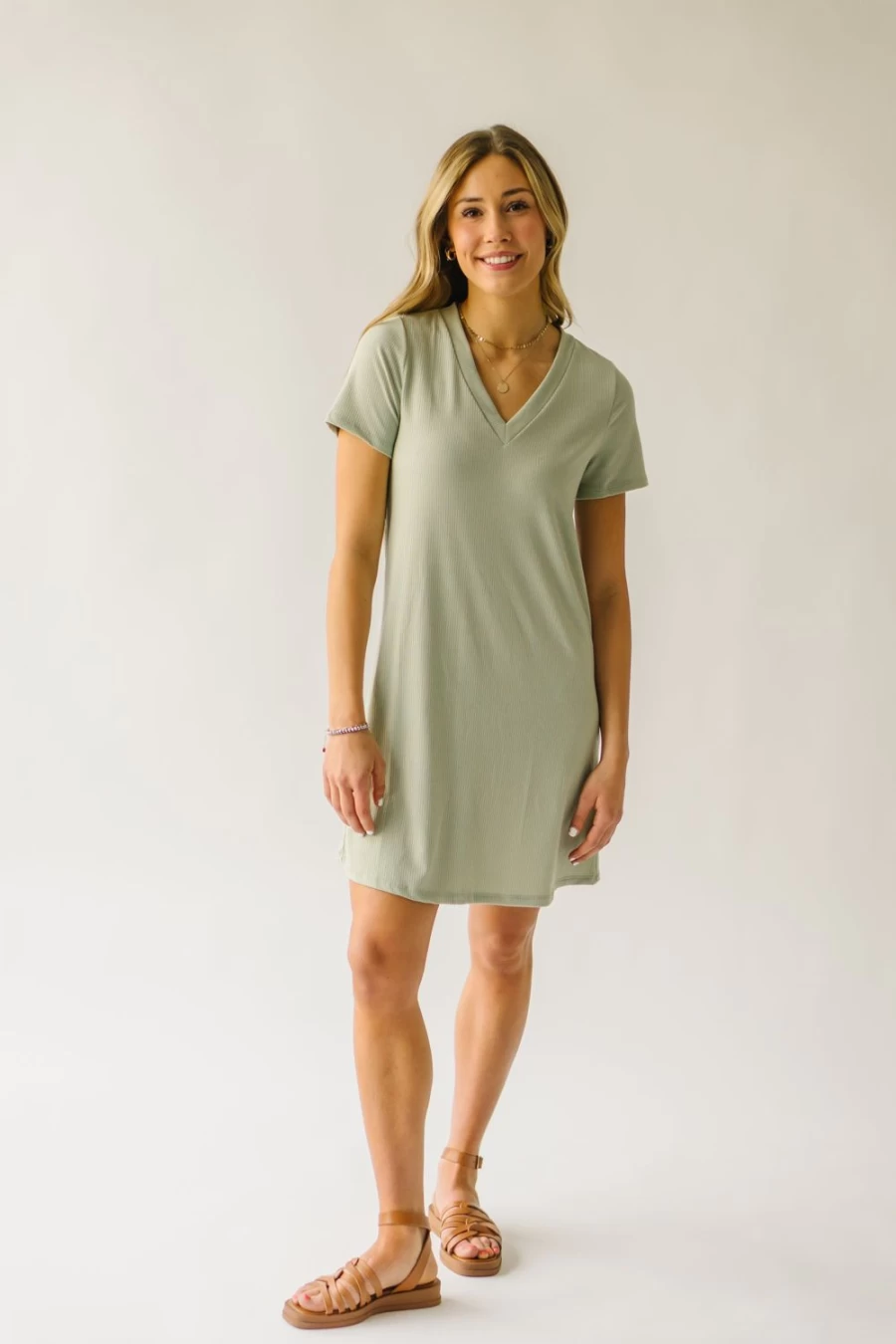Piper & Scoot Women's Ribbed V-Neck Tee Dress in Sage - Nyman Style Casual Fit