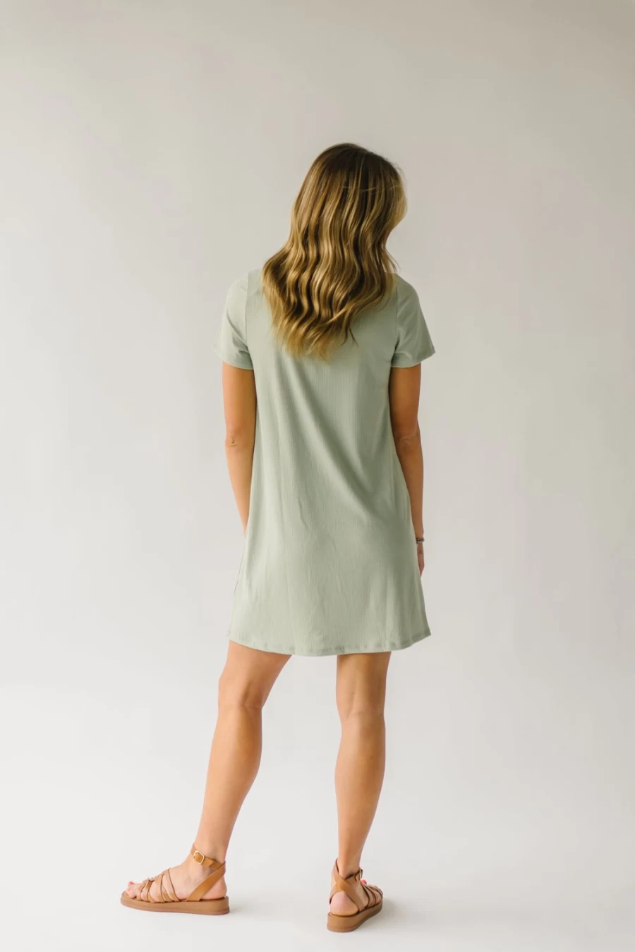 Piper & Scoot Women's Ribbed V-Neck Tee Dress in Sage - Nyman Style Casual Fit