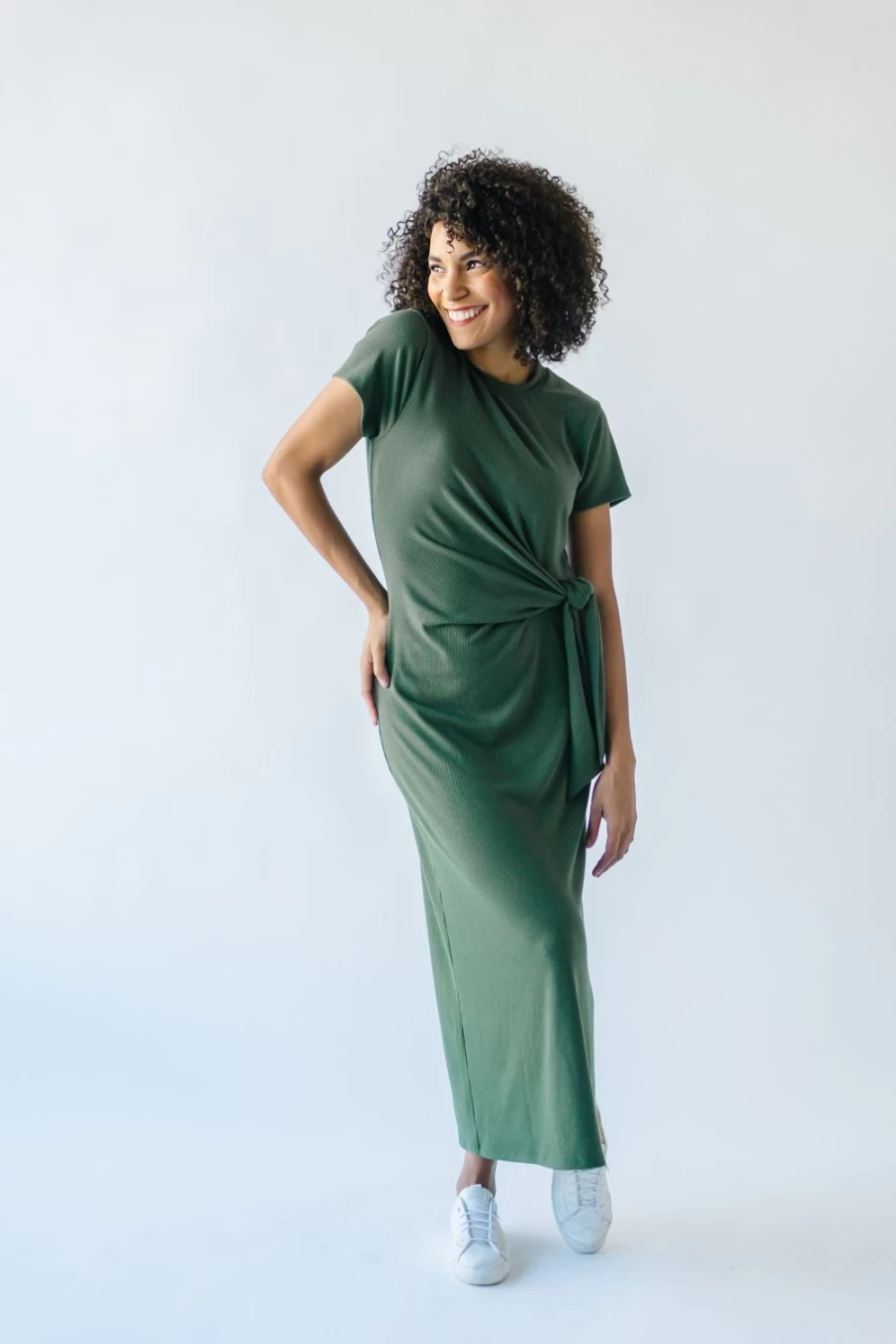 Piper & Scoot Women's Olive Cortina Tie Detail Midi Dress - Elegant Tie Waist Style