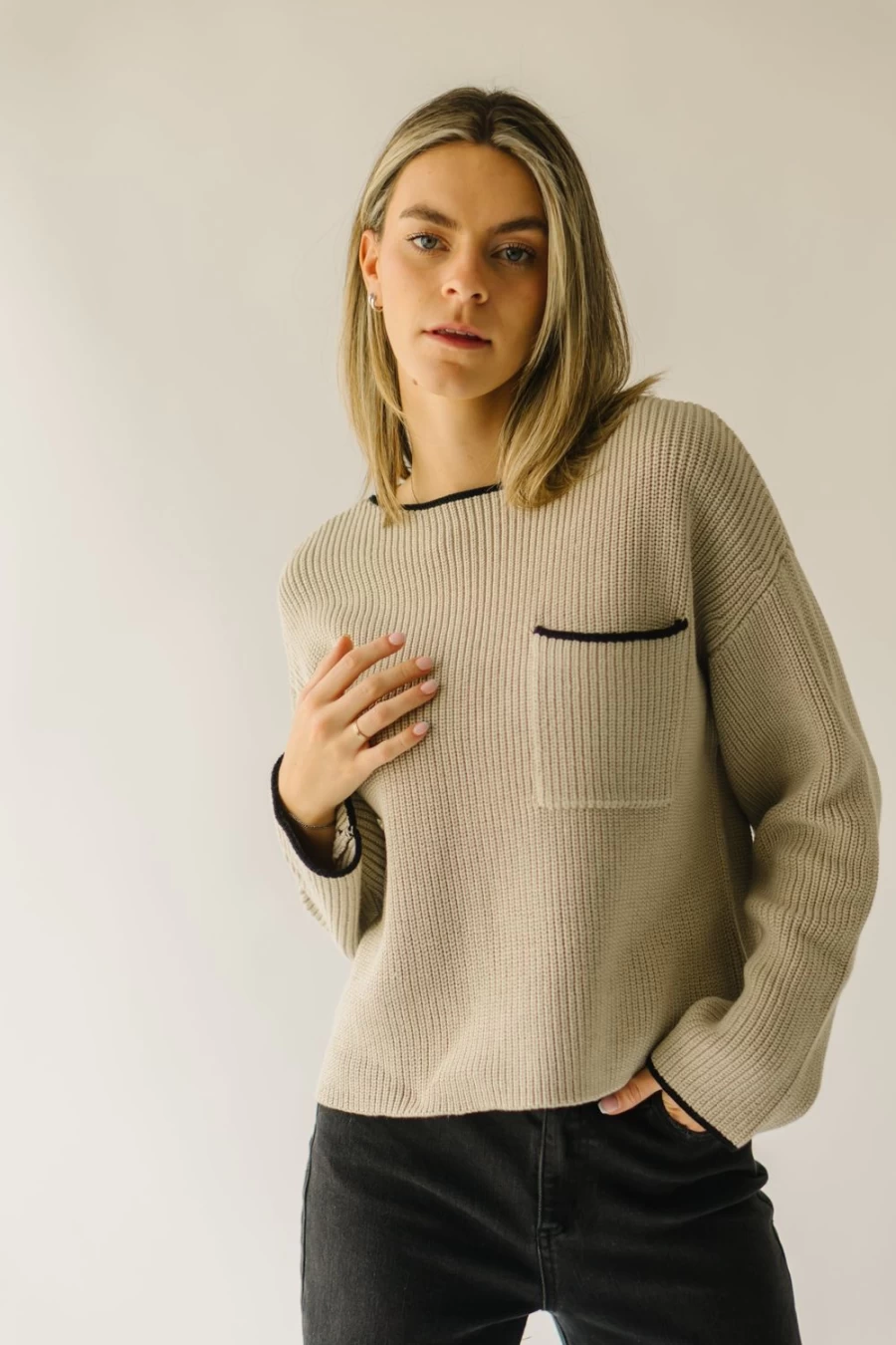 "Piper & Scoot Women's Ashlyn Beige Sweater with Pocket Detail"