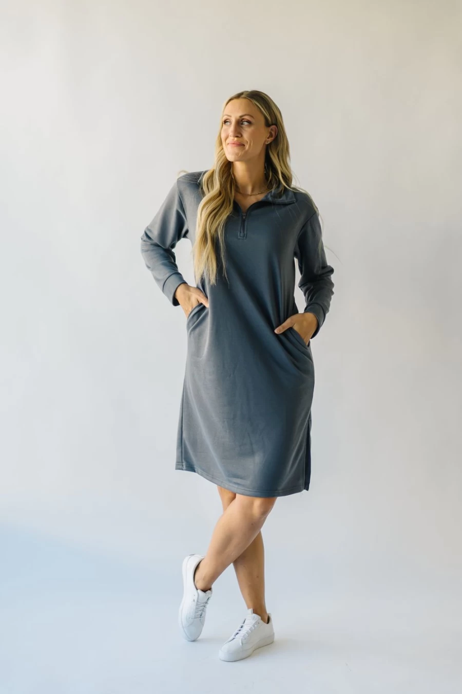 Piper & Scoot Women's Iona Half Zip Mock Neck Midi Dress in Charcoal