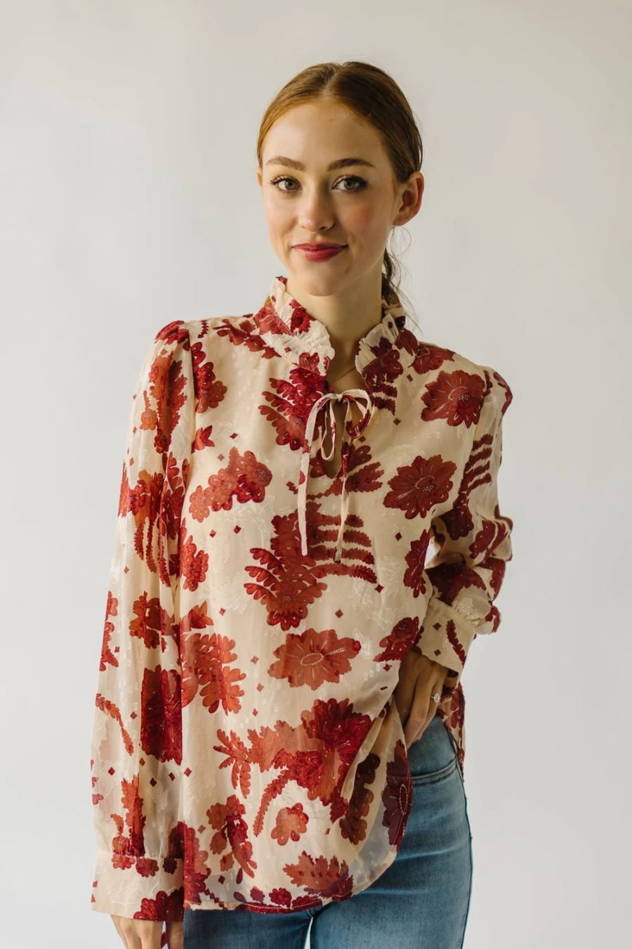 Piper & Scoot Women's Medina Ruffle High Neck Blouse in Cream Multi - Elegant Floral Print Top