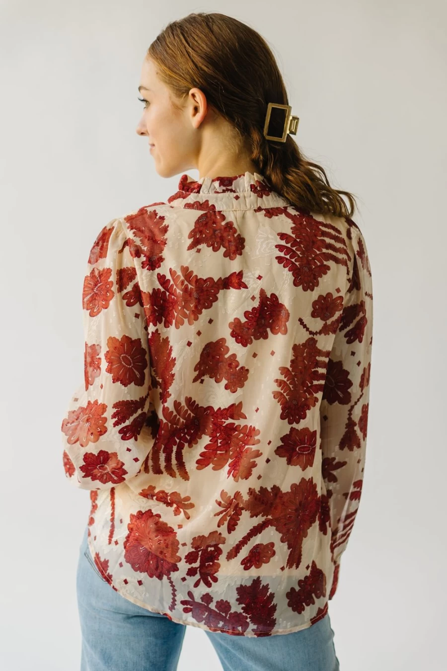 Piper & Scoot Women's Medina Ruffle High Neck Blouse in Cream Multi - Elegant Floral Print Top