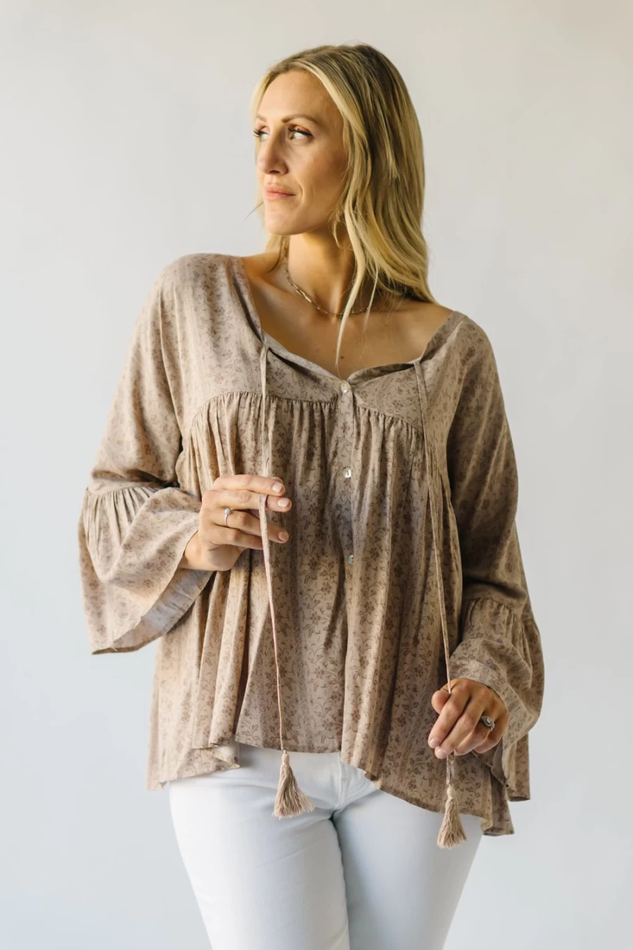 Piper & Scoot Women's Taupe Craigmont V-Neck Flare Blouse