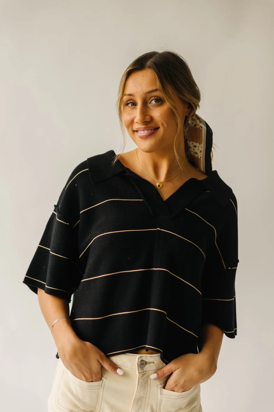 Piper & Scoot Women's Black & Tan Striped Collared Blouse