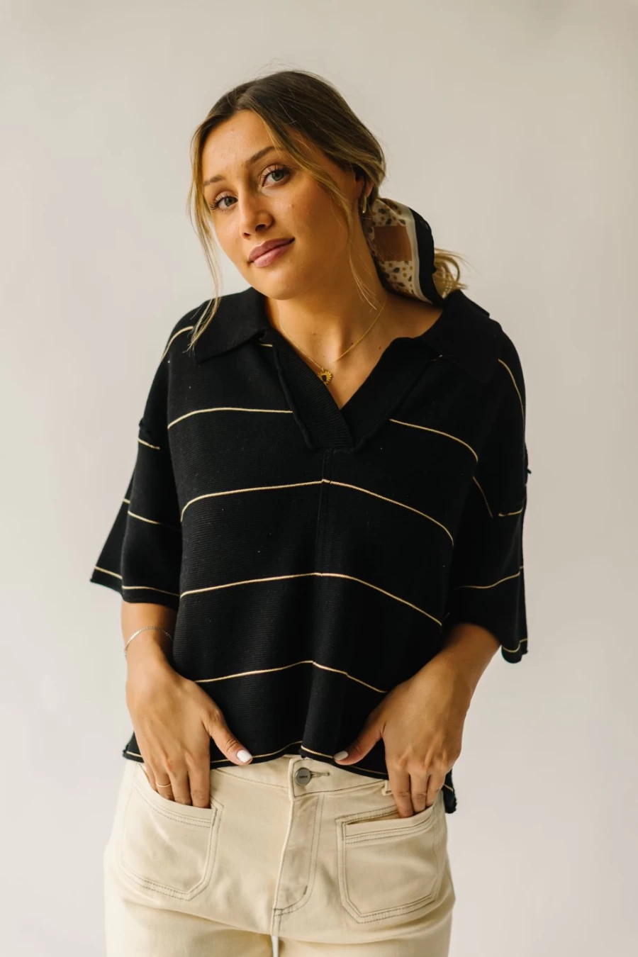 Piper & Scoot Women's Black & Tan Striped Collared Blouse