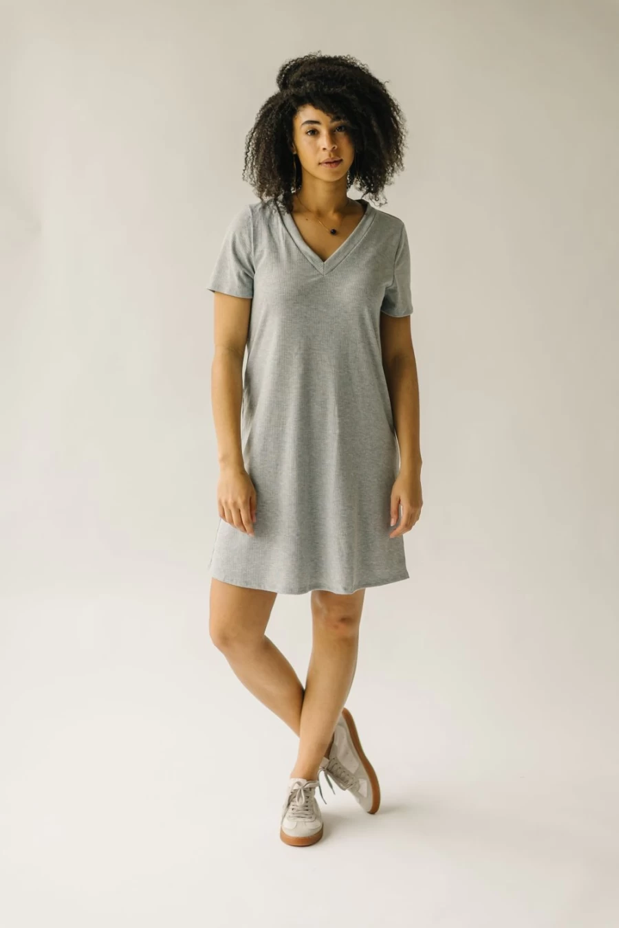 Piper & Scoot Women's Nyman Ribbed V-Neck Tee Dress in Heather Grey