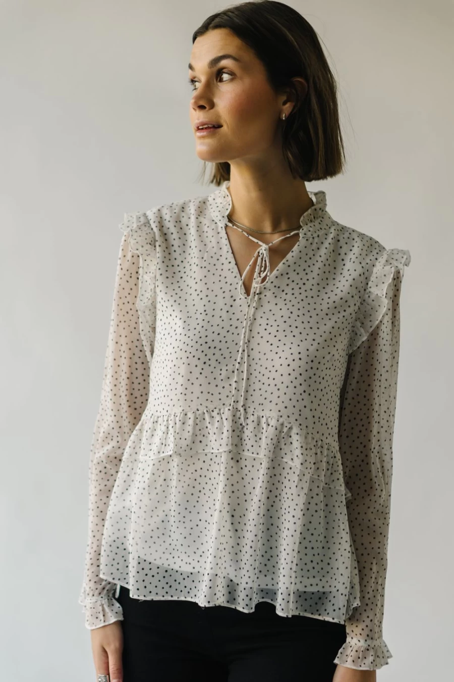Piper & Scoot Women's Cream Chiffon Blouse with Polka Dots - Elegant Kittery Style Top
