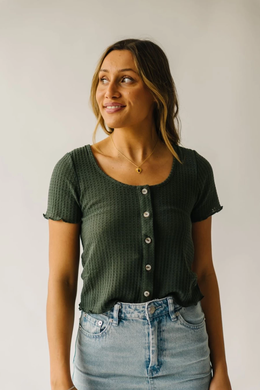 Piper & Scoot Women's Arleth Olive Waffle Knit Blouse
