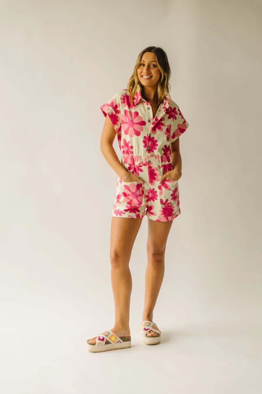 Piper & Scoot Women's Floral Denim Romper in Pink Multi - The Whitmer Style