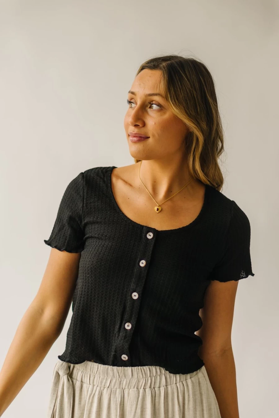 Piper & Scoot Women's Arleth Black Waffle Knit Blouse