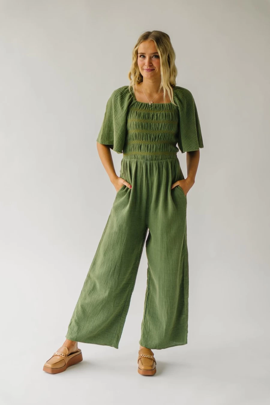 Piper & Scoot Women's Slater Smocked Detail Jumpsuit in Washed Green - Stylish & Comfortable Romper