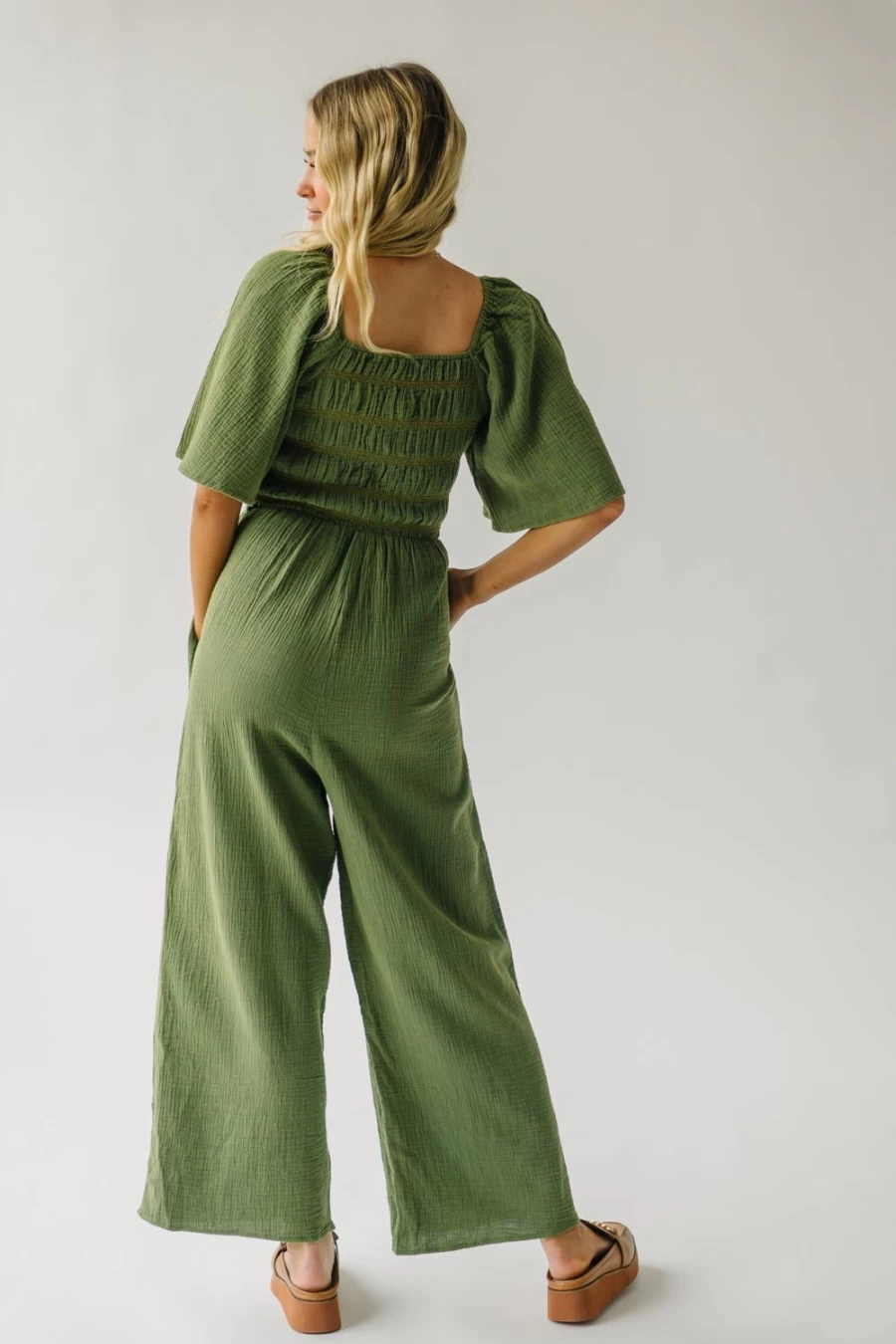 Piper & Scoot Women's Slater Smocked Detail Jumpsuit in Washed Green - Stylish & Comfortable Romper
