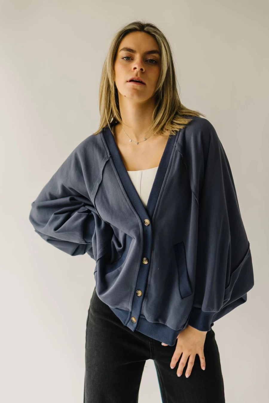 Piper & Scoot Women's Navy Whitaker Button Detail Cardigan - Classic Knit Sweater