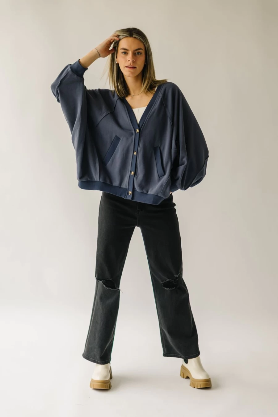 Piper & Scoot Women's Navy Whitaker Button Detail Cardigan - Classic Knit Sweater