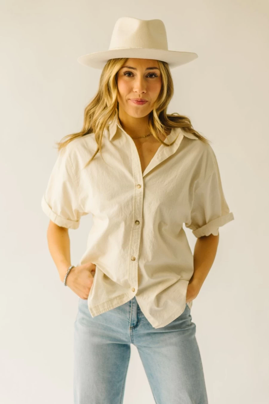 "Piper & Scoot Women's Natural Rosner Cuff Sleeved Button-Up Blouse"