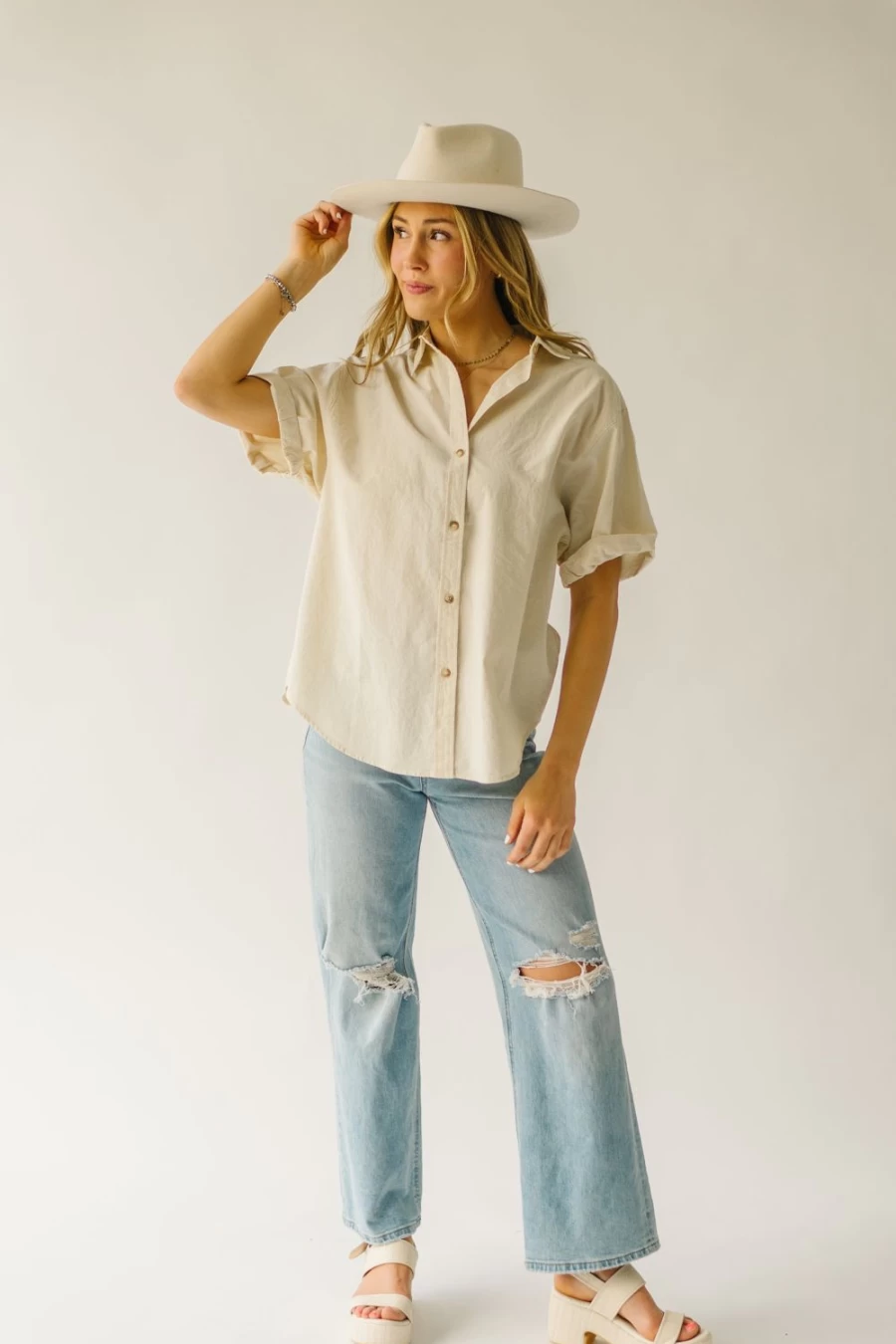 "Piper & Scoot Women's Natural Rosner Cuff Sleeved Button-Up Blouse"