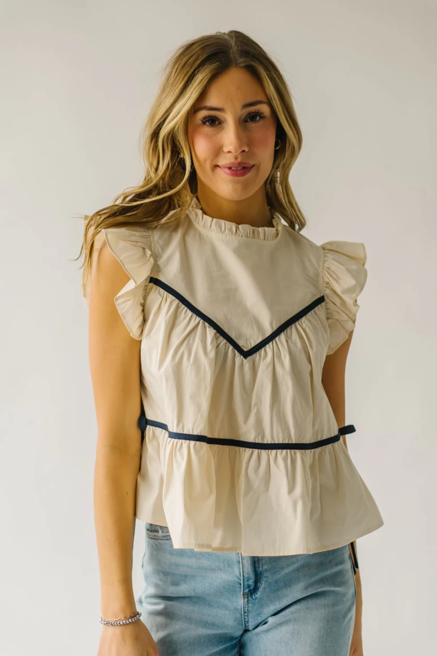 Piper & Scoot Women's Ivory Terrick Blouse with Ruffle Detail