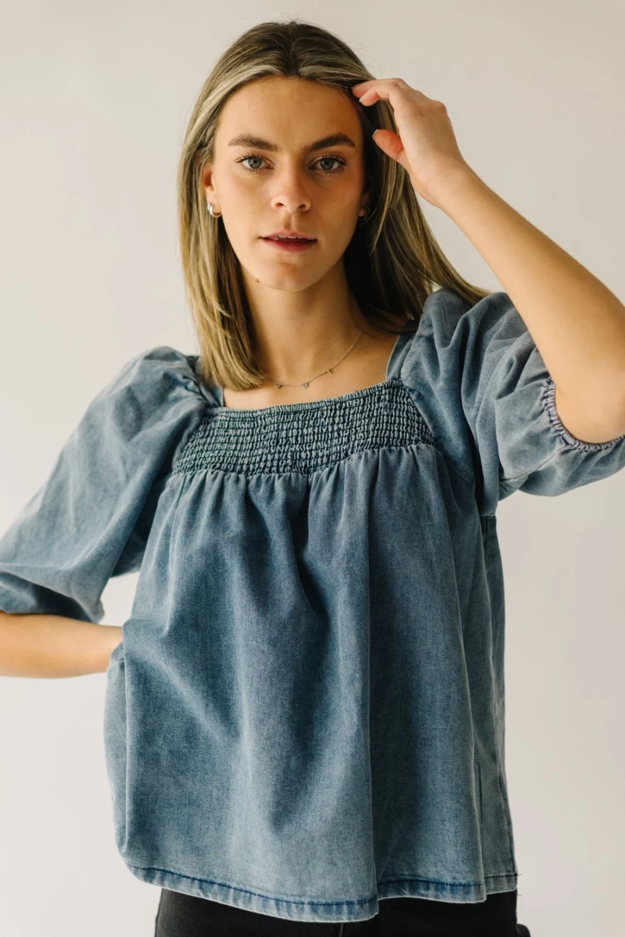 Piper & Scoot Women's Light Denim Silverton Blouse with Smocked Detail