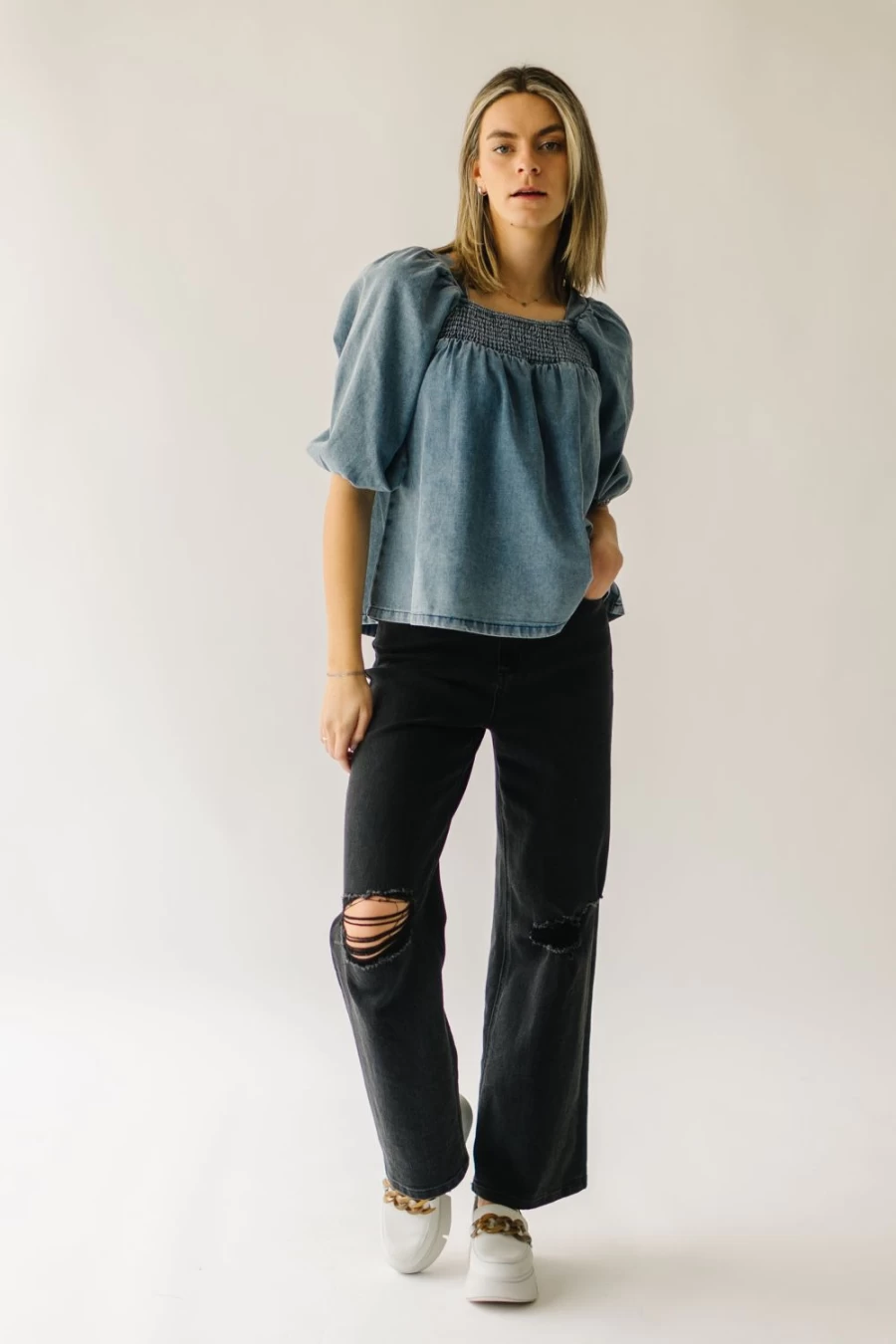 Piper & Scoot Women's Light Denim Silverton Blouse with Smocked Detail