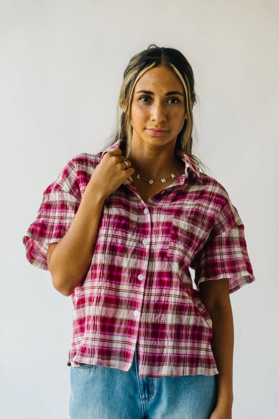 "Piper & Scoot Women's Fuchsia Motley Checkered Blouse - Stylish Checkered Top"