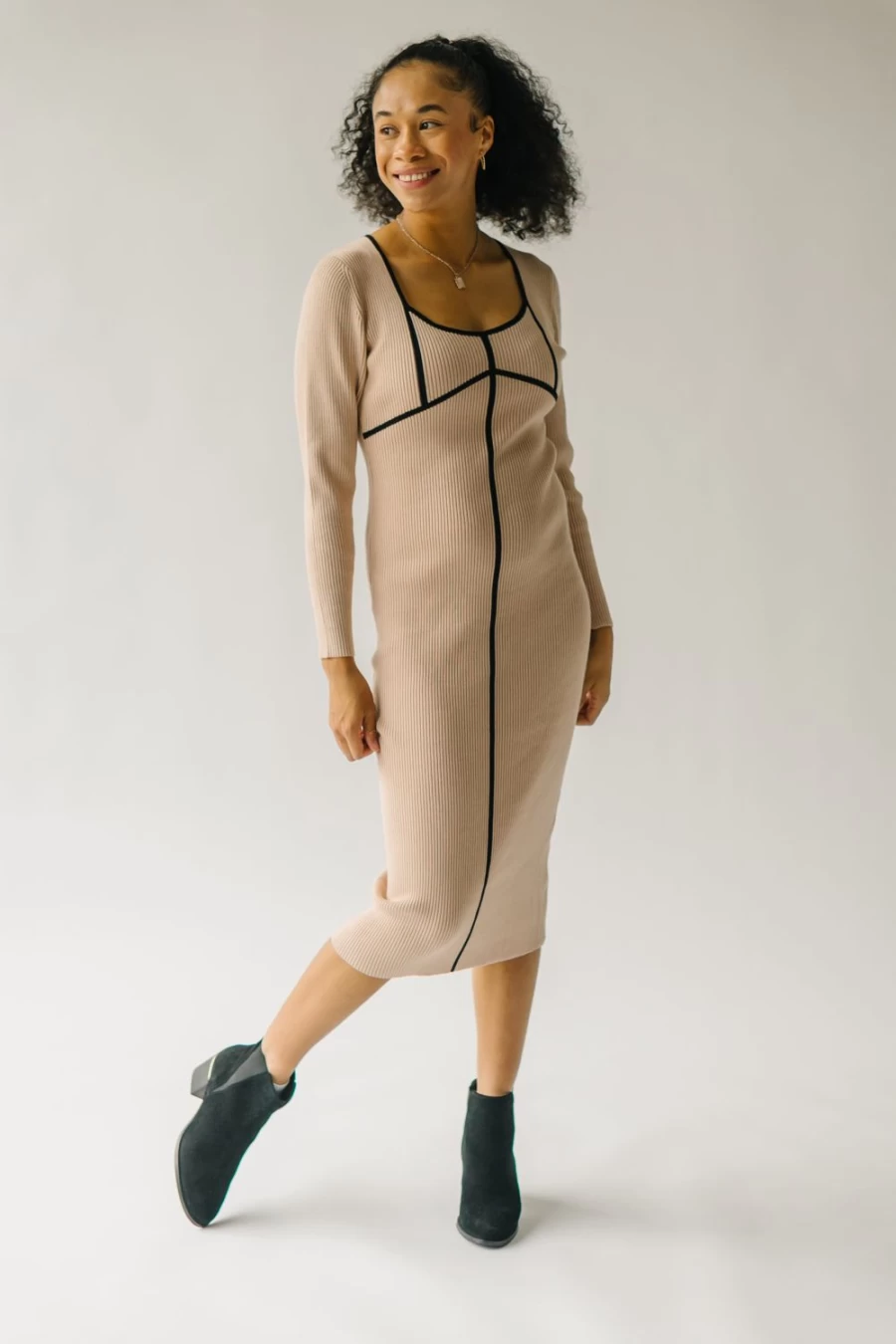 Piper & Scoot Women's Ortega Ribbed Midi Dress in Sand - Elegant Casual Wear