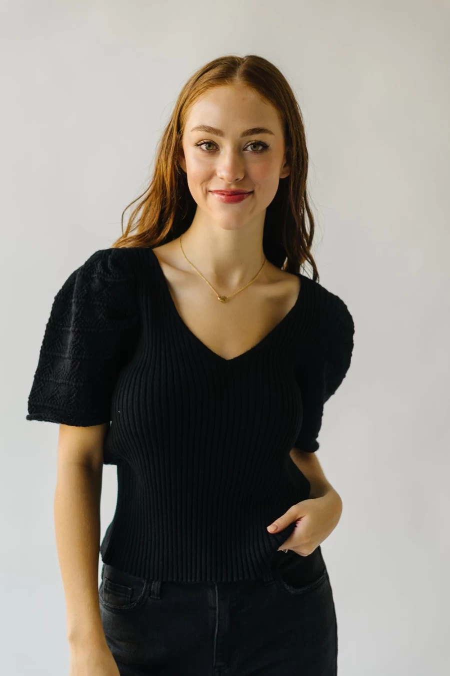 Piper & Scoot Women's Black Tampico Crochet Puff Sleeve Blouse