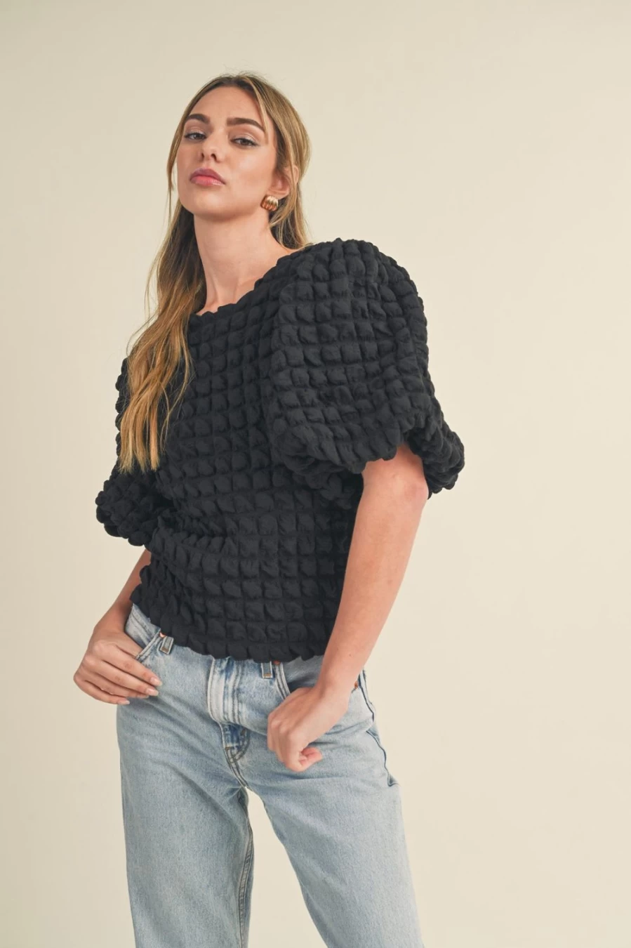 Piper & Scoot Women's Frisbie Bubble Textured Black Blouse