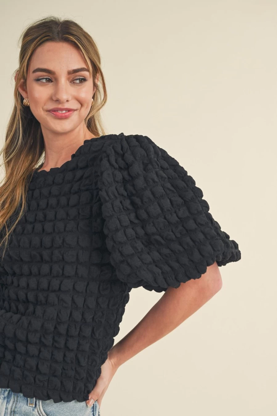 Piper & Scoot Women's Frisbie Bubble Textured Black Blouse