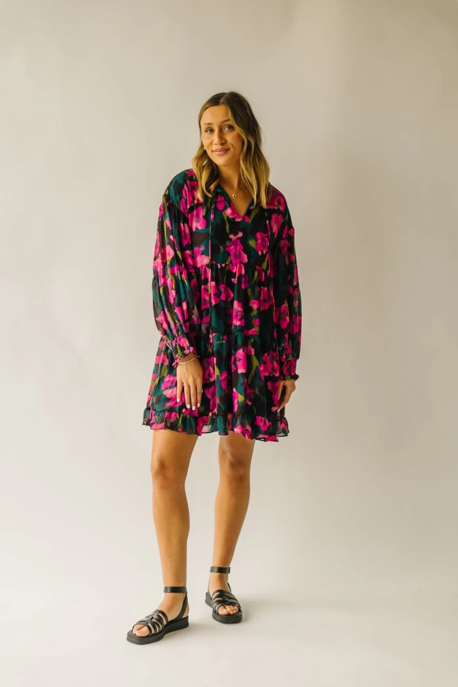 Piper & Scoot Women's Hot Pink Chiffon Floral Dress - Avina Floral Detail Summer Dress