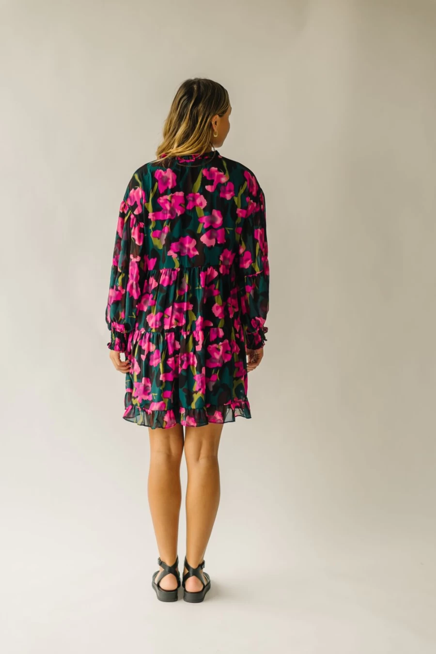 Piper & Scoot Women's Hot Pink Chiffon Floral Dress - Avina Floral Detail Summer Dress