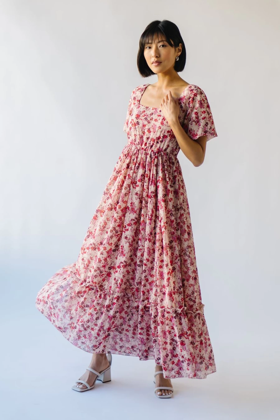 Piper & Scoot Women's Pink Multi Floral Print Ditsy Midi Dress - Seneca Style