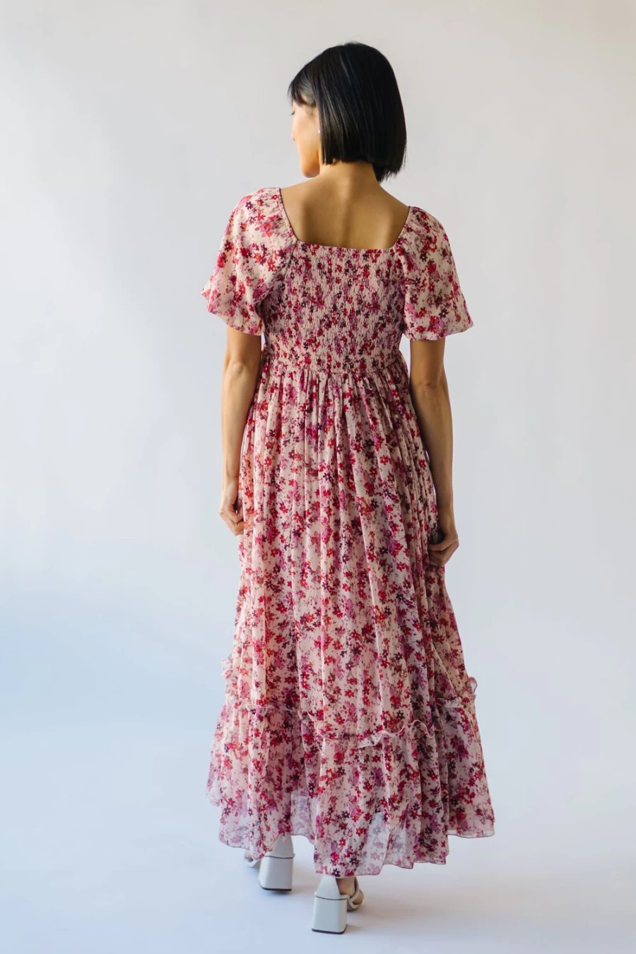 Piper & Scoot Women's Pink Multi Floral Print Ditsy Midi Dress - Seneca Style