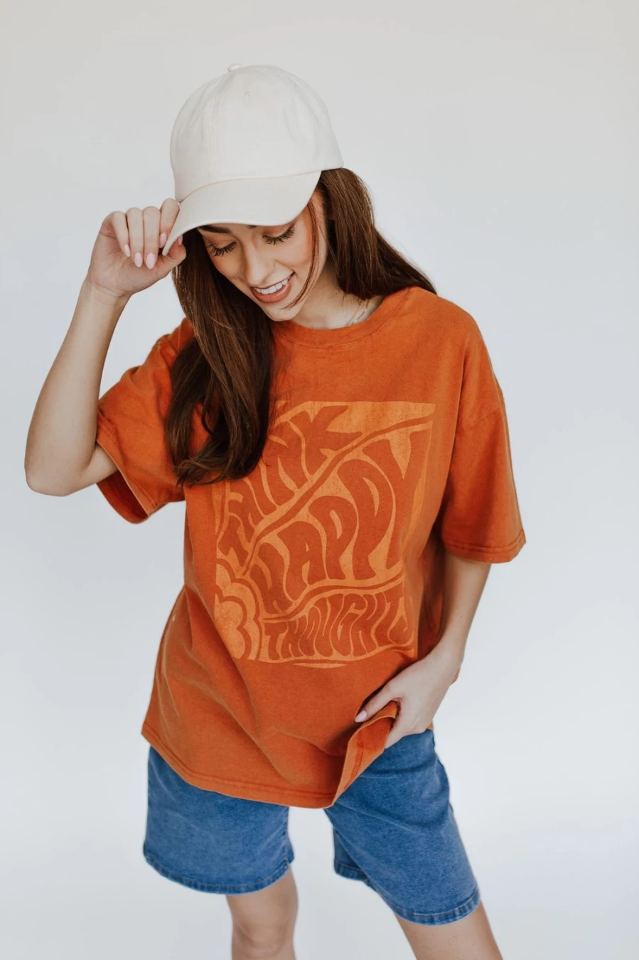 "Piper & Scoot Women's Think Happy Thoughts Graphic Tee - Brown Casual T-Shirt"