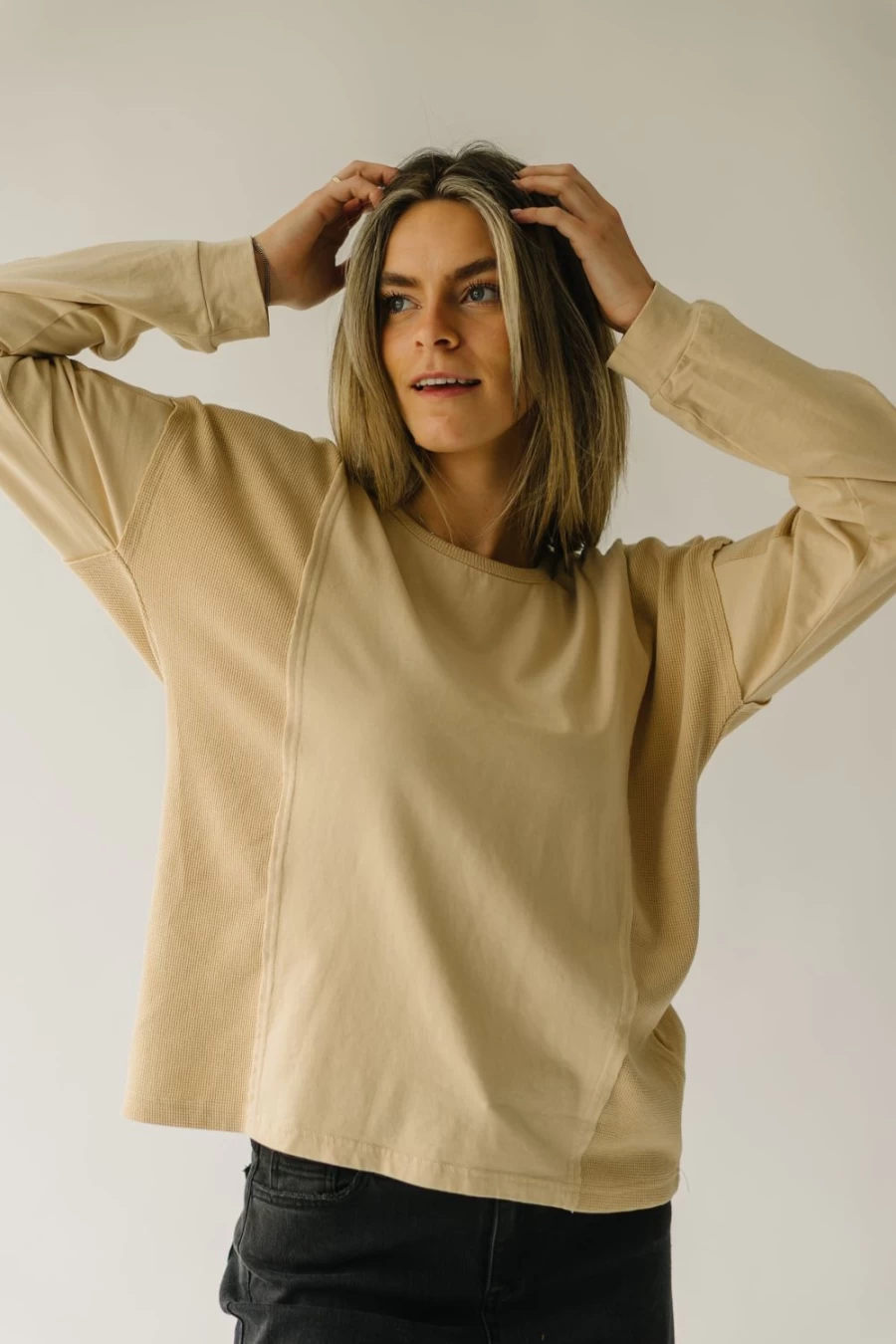 Piper & Scoot Women's Rachelle Thermal Layering Tee in Sand - Warm Long Sleeve Top for Winter