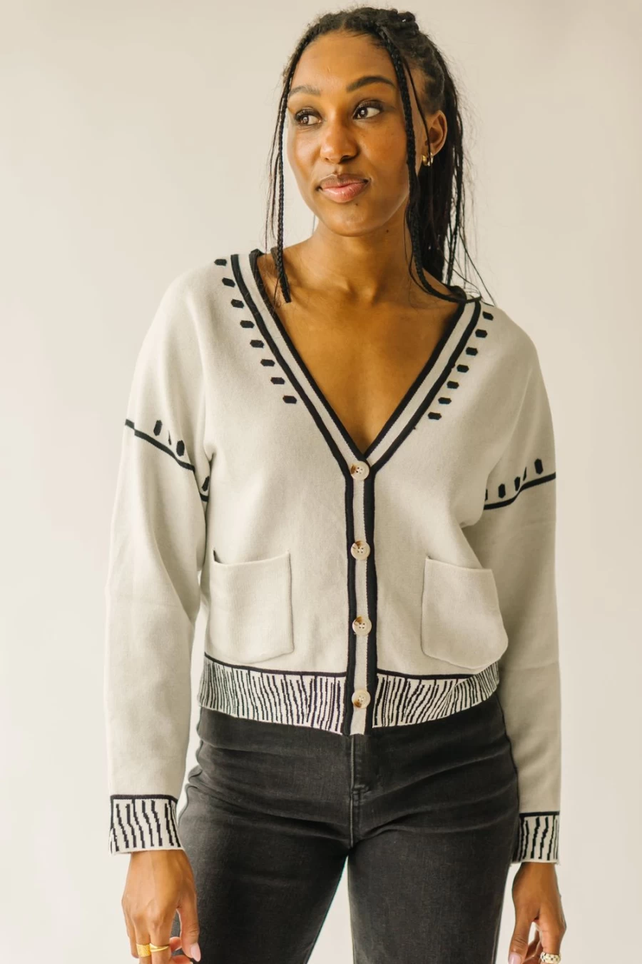 Piper & Scoot Women's Ivory Talon Pattern Button-Down Cardigan Sweater