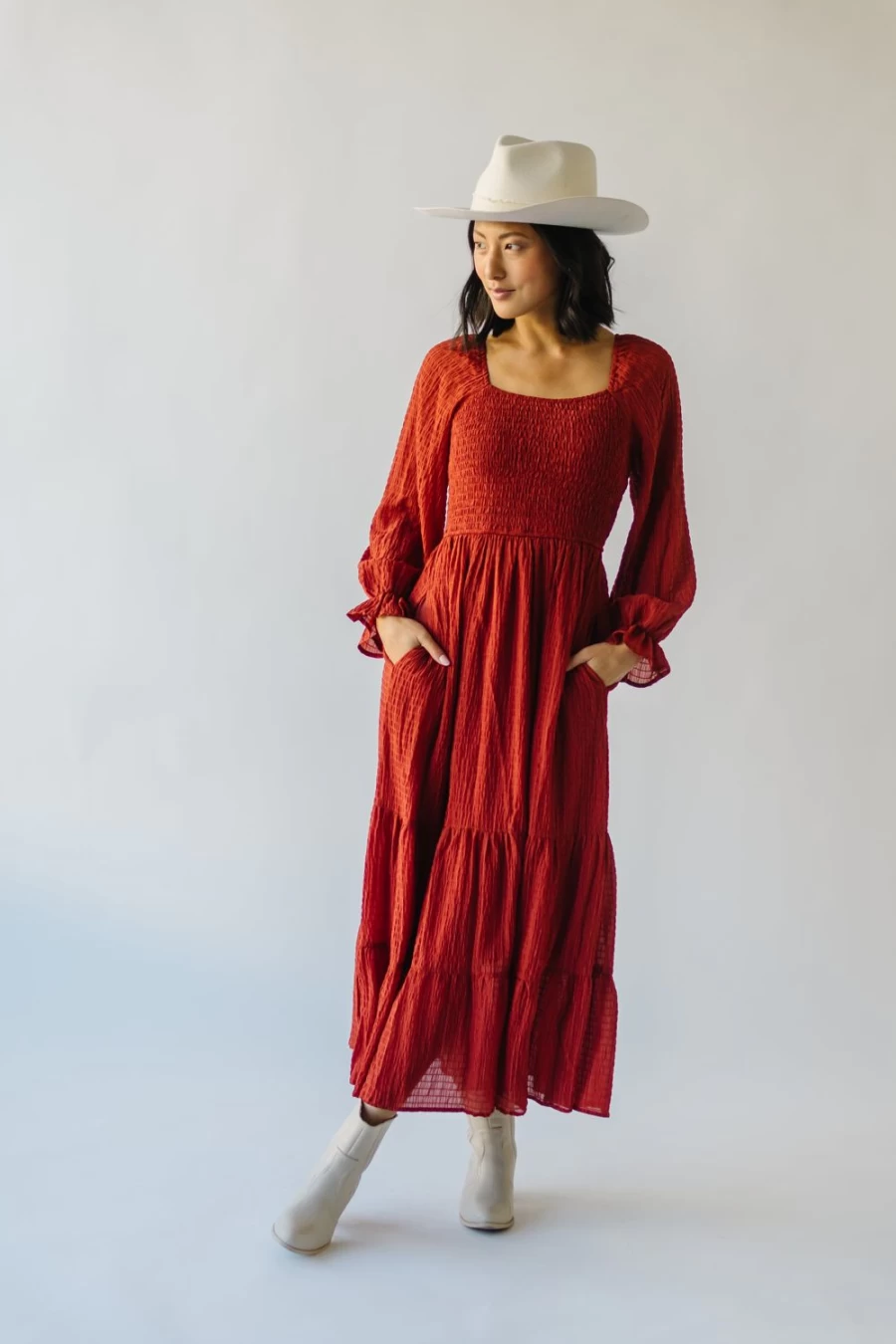 Piper & Scoot Women's Rust Colored Macedonia Tiered Midi Dress - Elegant Boho Style