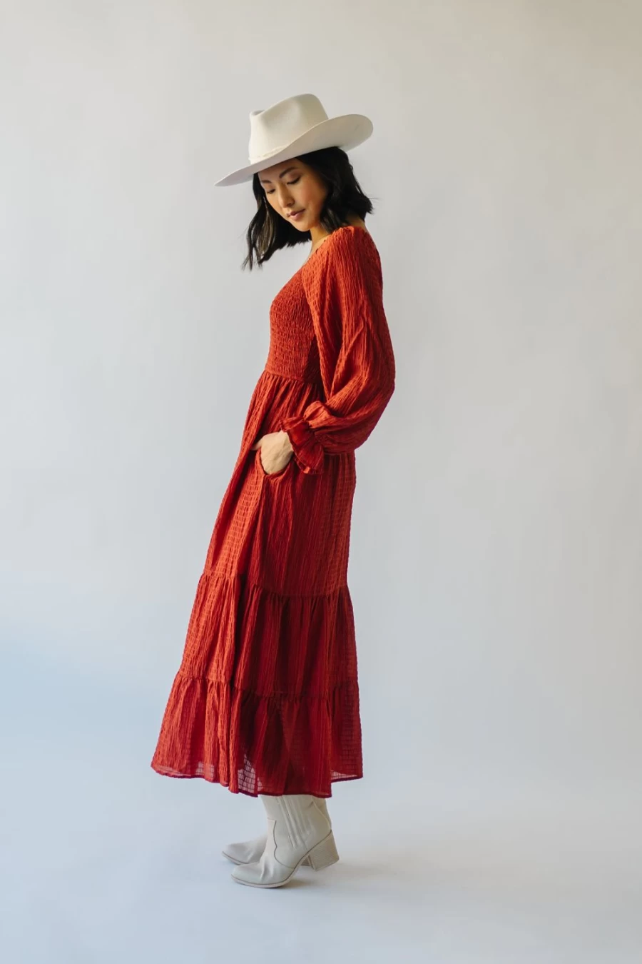 Piper & Scoot Women's Rust Colored Macedonia Tiered Midi Dress - Elegant Boho Style