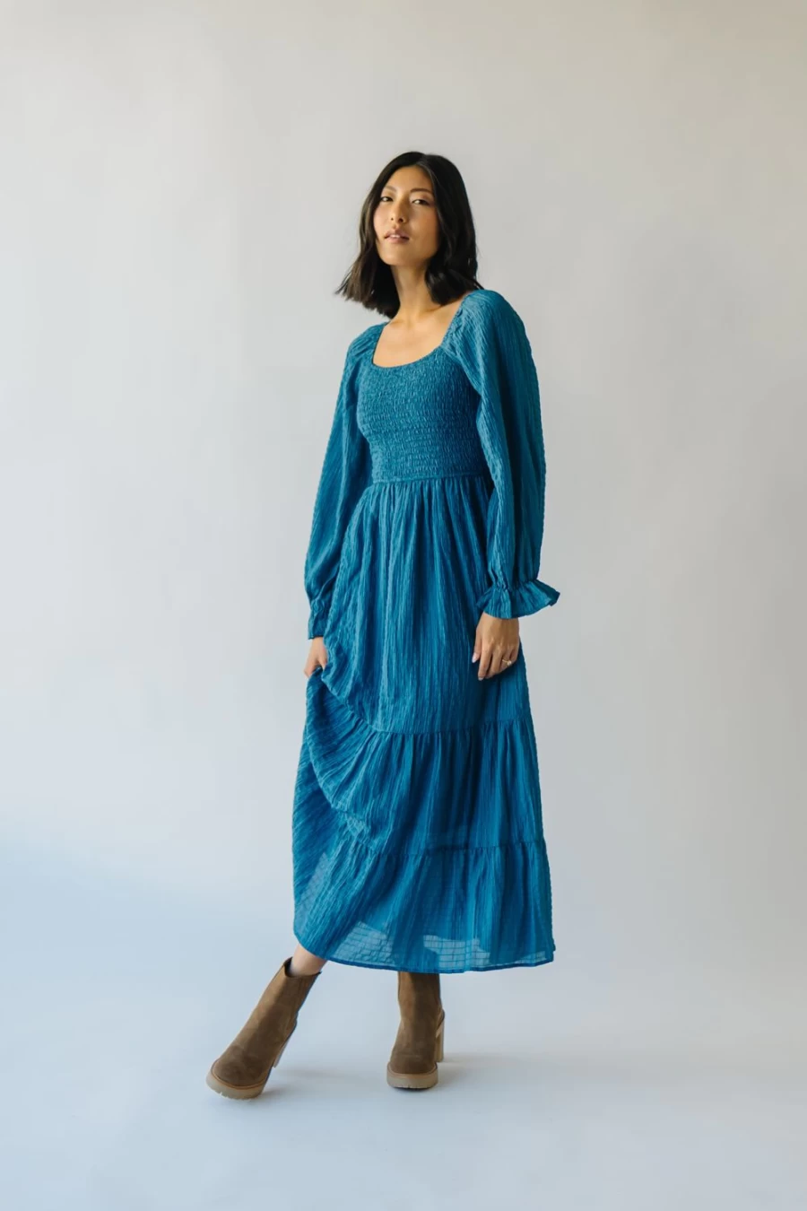 "Piper & Scoot Women's Blue Macedonia Tiered Midi Dress – Flowy Boho Style"