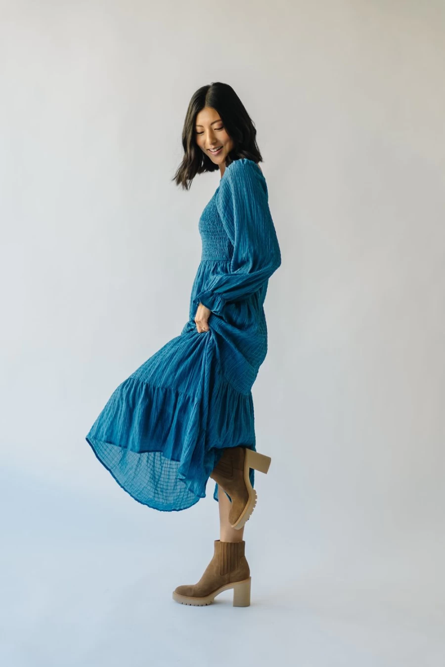 "Piper & Scoot Women's Blue Macedonia Tiered Midi Dress – Flowy Boho Style"