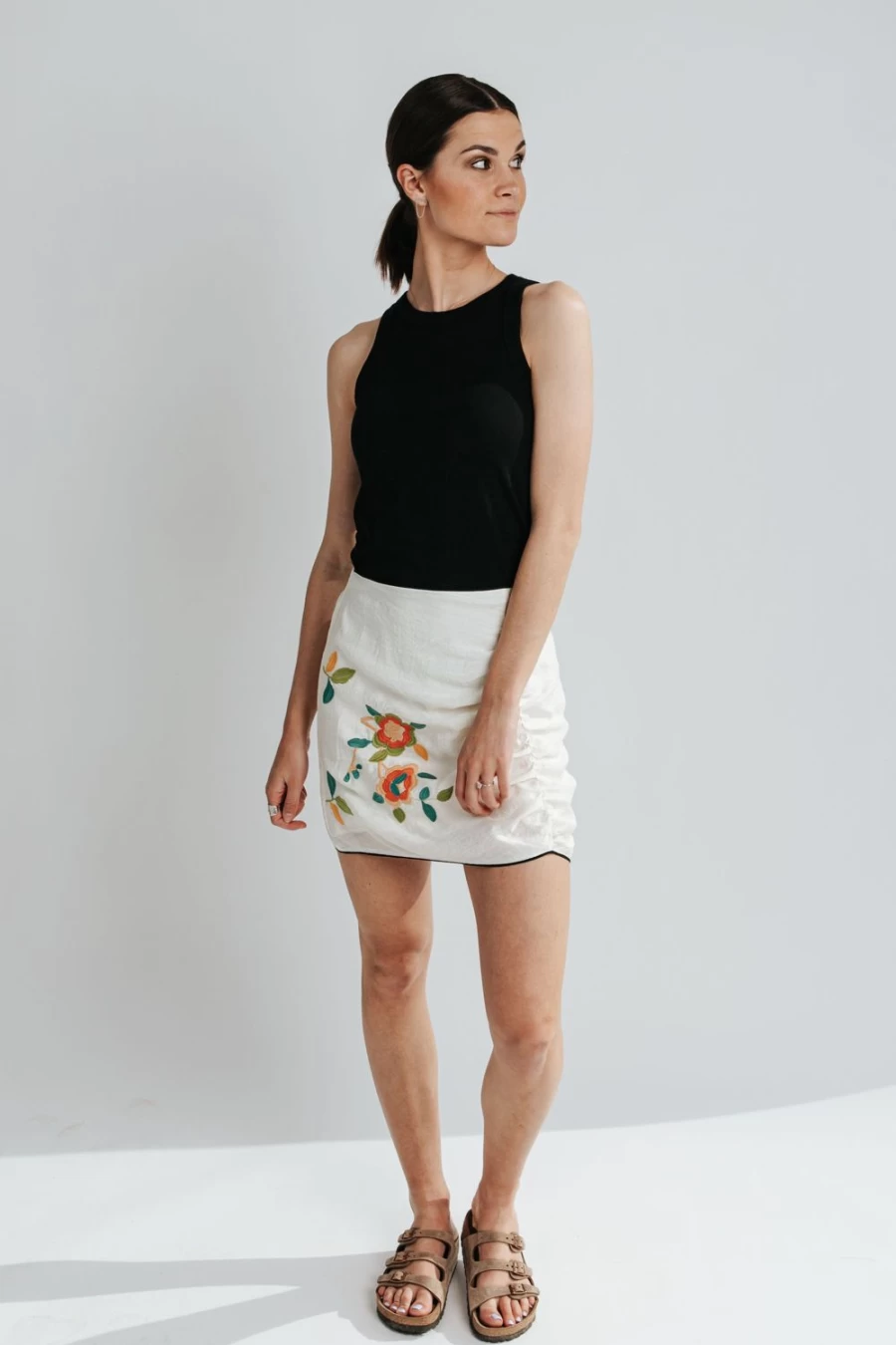 Piper & Scoot Women's Cream Elmer Embroidered Skirt - Floral Stitch Design