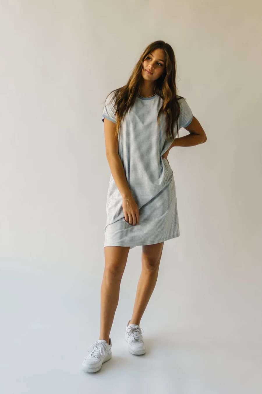 Piper & Scoot Women's Ivory and Blue Striped T-Shirt Dress - Brinkerhoff Style