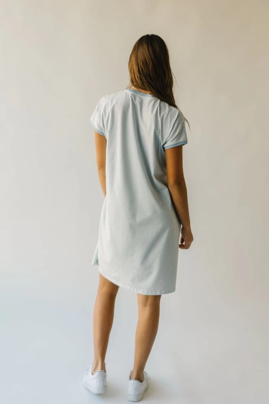 Piper & Scoot Women's Ivory and Blue Striped T-Shirt Dress - Brinkerhoff Style