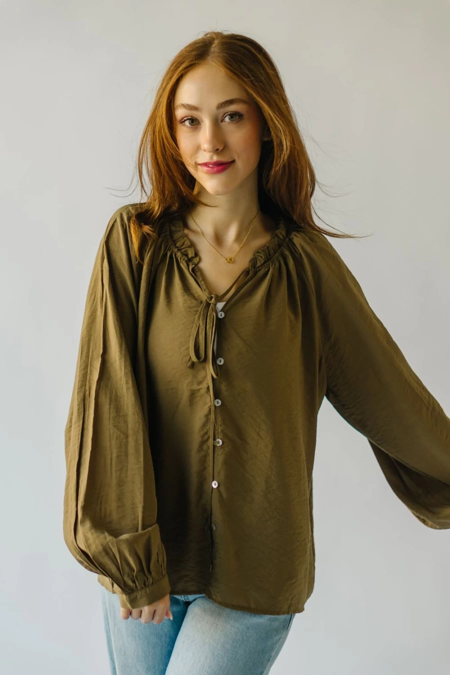 Piper & Scoot Women's Olive Delmar Blouse with Ruffle Detail